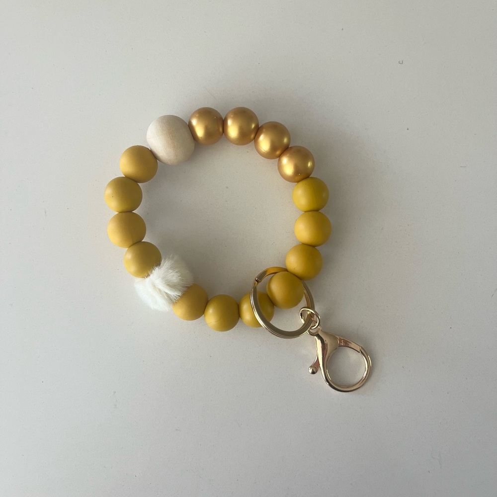 Mustard Yellow & Gold Beaded Wristlet Keychain